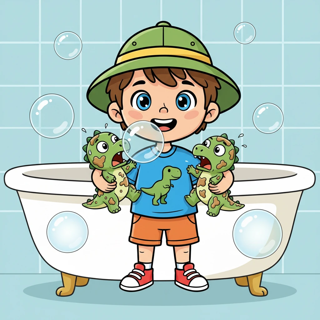 Грязные динозаврики на руках Максима выглядят очень удивленными и немного испуганными. Они пытаются удержаться, но мыльные пузыри их окружают.