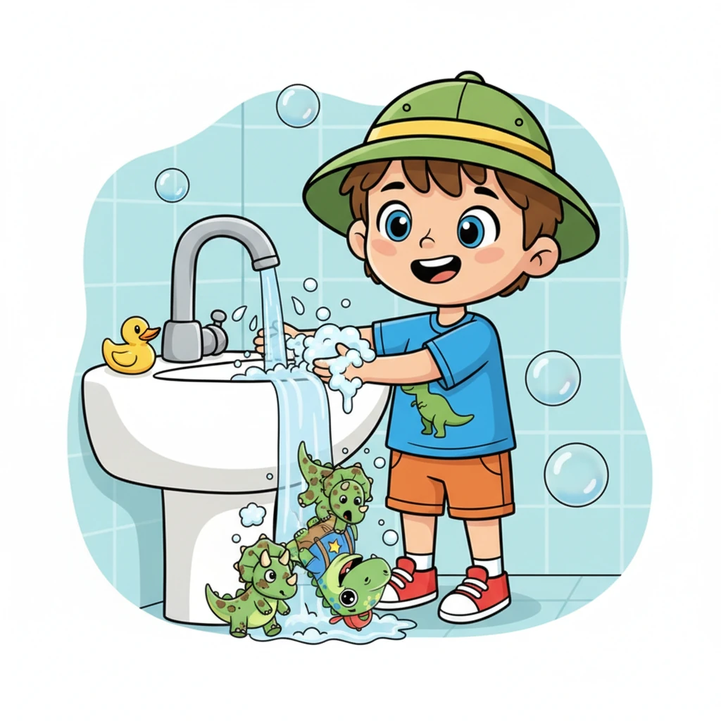 Максим включает воду, и она весело льется на его руки. Пузыри становятся еще больше, и грязные динозаврики начинают скользить и убегать с его ладошек.