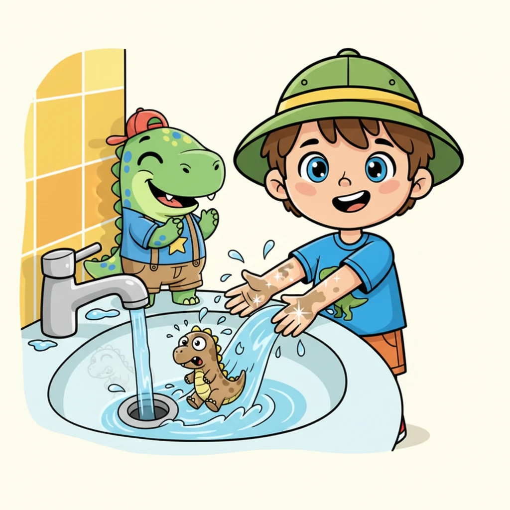 Один за другим, смешные грязные динозаврики смываются водой и исчезают в водостоке, оставляя после себя чистые и сияющие ручки Максима. Зеленый Динозавр радостно хлопает в ладоши.