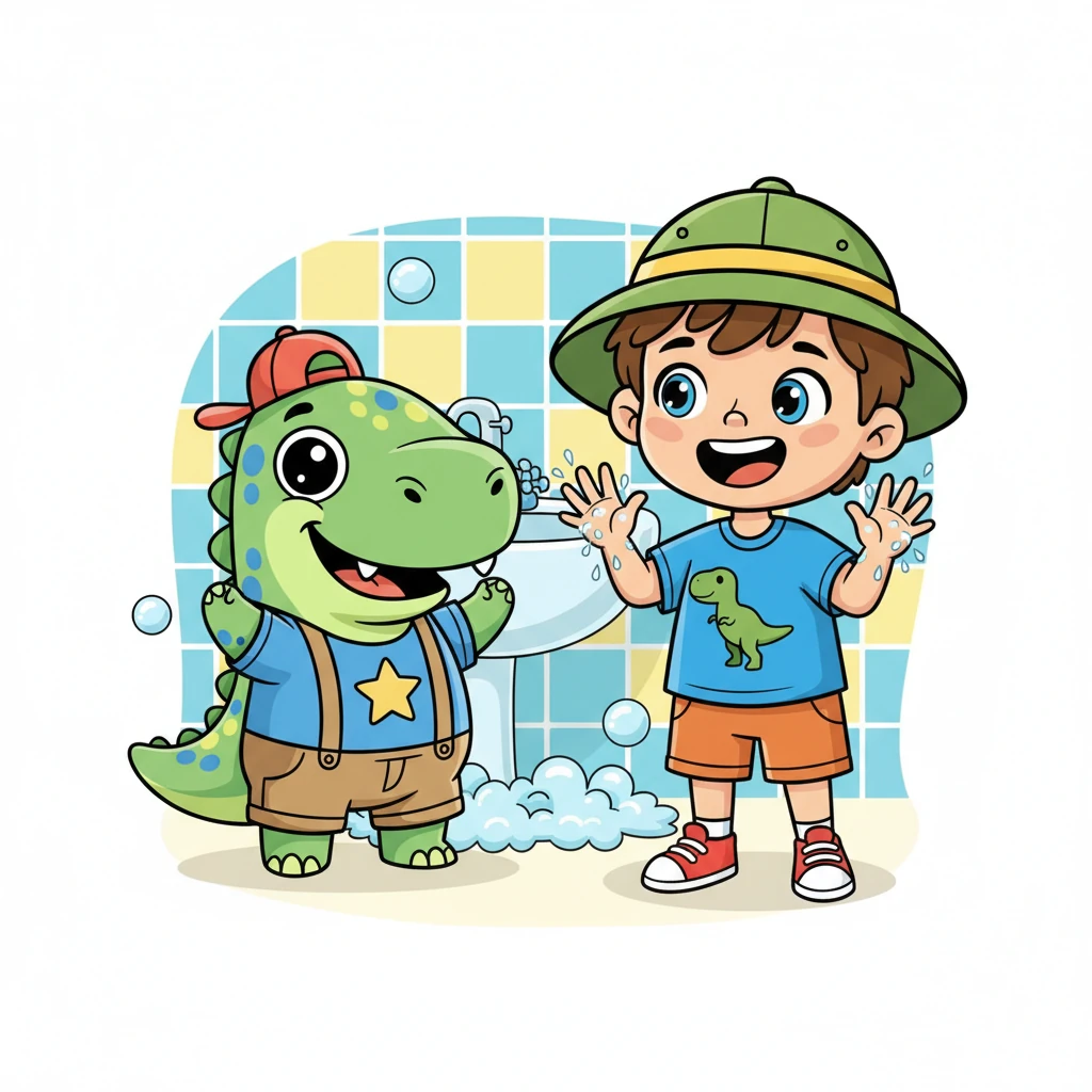 Теперь руки Максима чистые-чистые, а он сам очень доволен. Он машет Зеленому Динозавру, показывая свои сияющие ладошки, и они оба смеются.