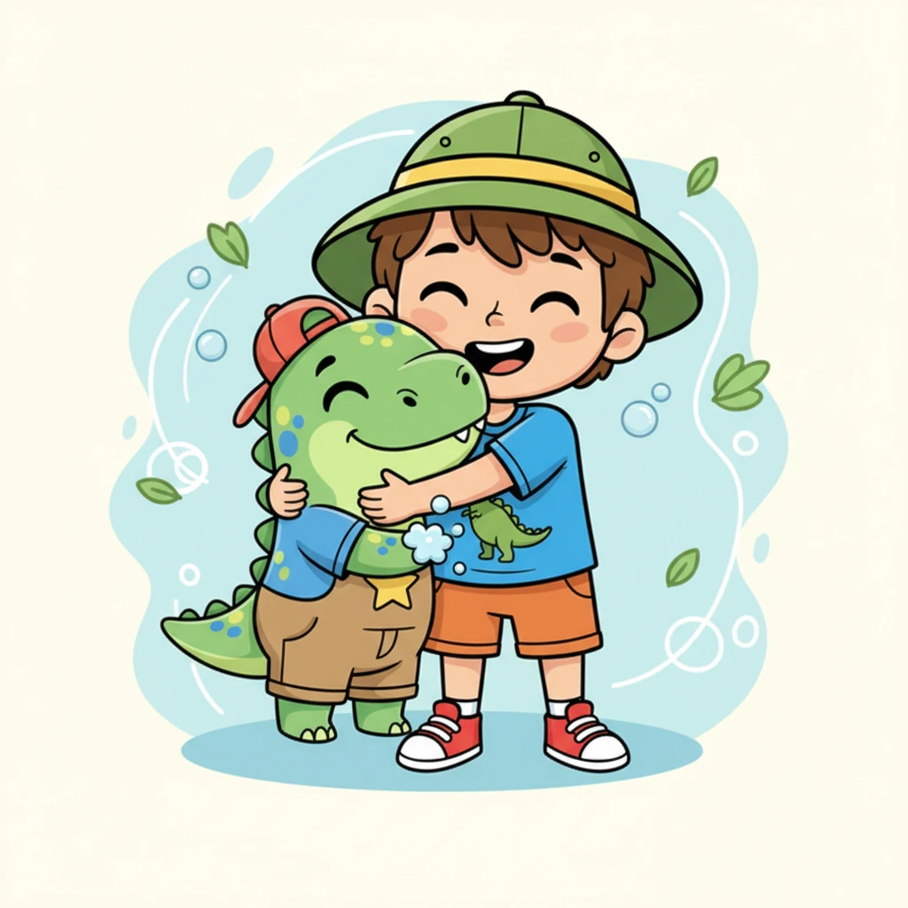 Максим и Зеленый Динозавр обнимаются. Максим теперь знает, что мыло и вода — это настоящая суперсила, и мыть руки очень весело! Он готов к новым приключениям, зная, что его руки всегда будут чистыми.