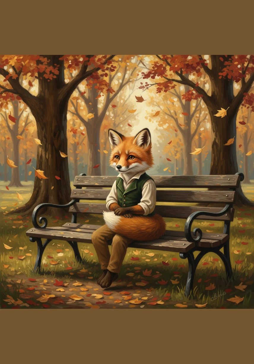 Finnegan the little fox sat alone on a wooden bench, watching the golden leaves dance in the autumn wind. The park was quiet, and he felt a small ache of loneliness in his heart as he hugged his fluffy tail close to his chest.