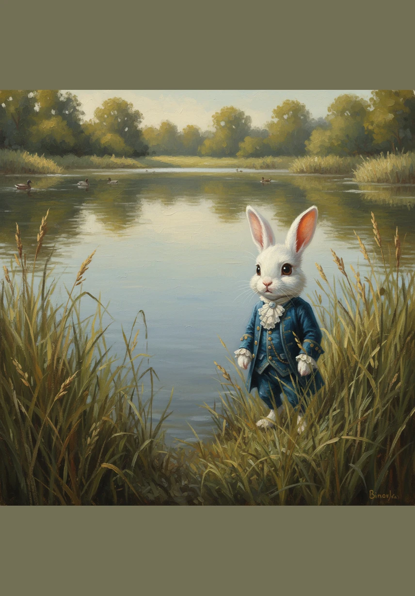 Suddenly, a soft rustle came from the tall grass near the shimmering duck pond. A small white bunny with long, twitching ears poked its head out, looking very confused and a bit frightened by the wide open space.