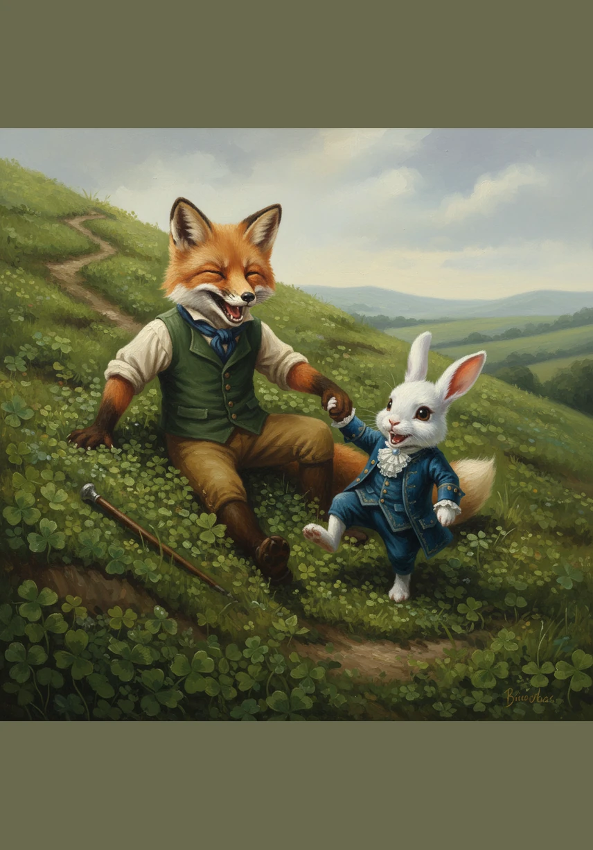 Along the way, they encountered a steep hill covered in slippery green moss that looked impossible to climb. Finnegan used his strong paws to pull Barnaby up the slope, and they both tumbled into a pile of soft clover at the top, laughing together for the very first time.