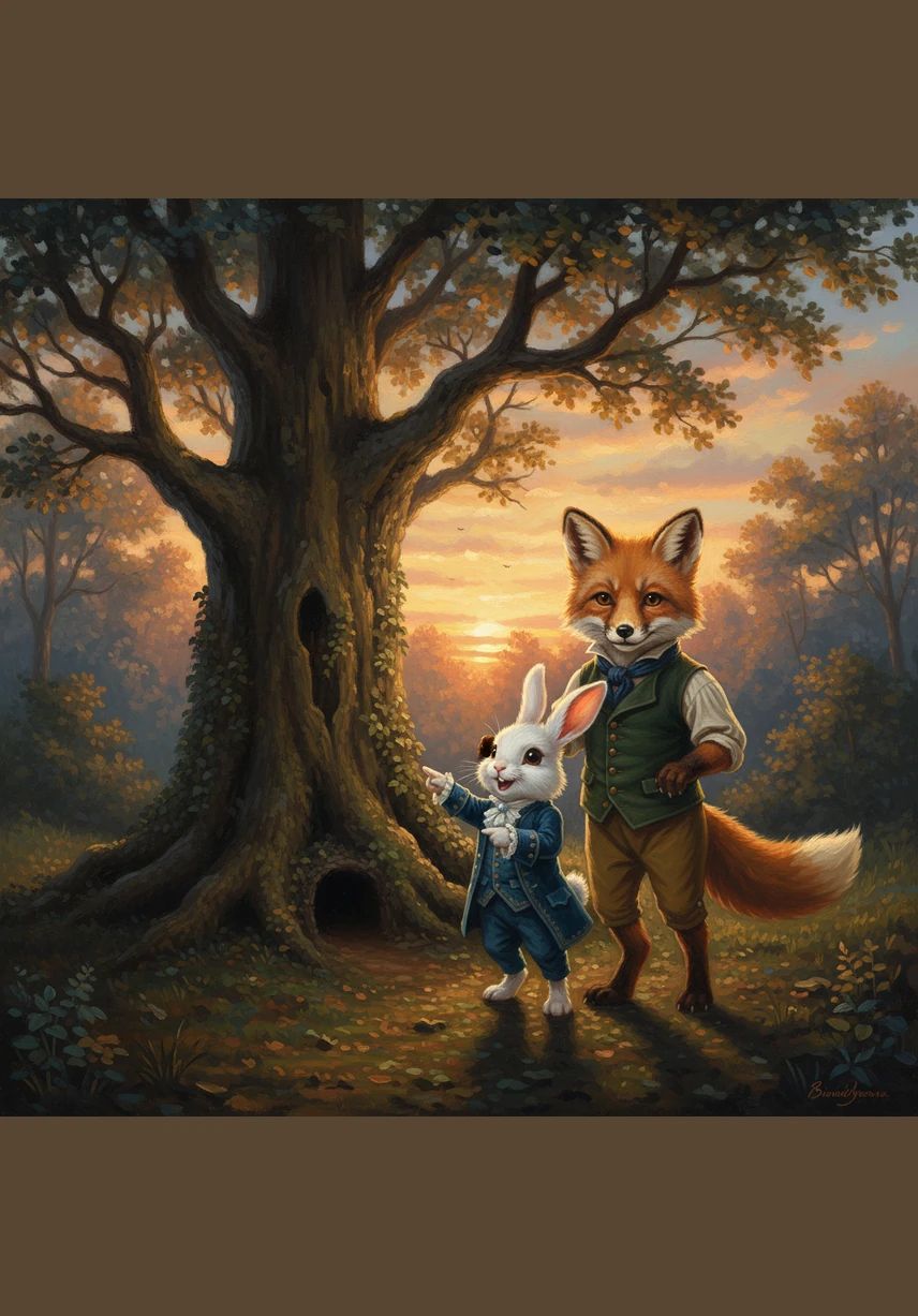 As the sun began to dip below the horizon, painting the sky in beautiful shades of pink and orange, they reached the edge of the deep woods. Barnaby let out a happy squeak as he recognized the familiar old oak tree that marked the entrance to his family's burrow.