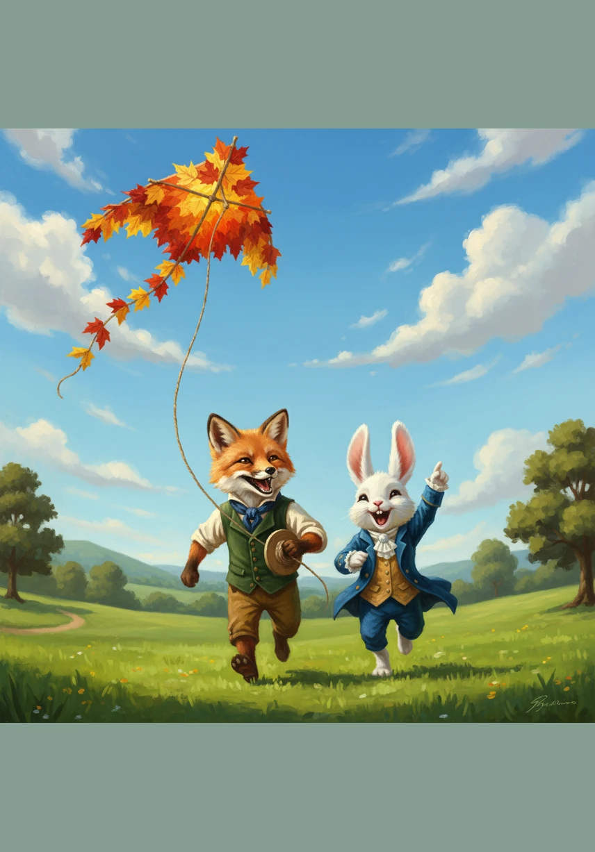 The next morning, Finnegan returned to their meeting spot with a colorful kite he had made from fallen leaves and twine. Under the vast blue sky, the fox and the bunny ran side-by-side, their laughter filling the park as their friendship soared as high as the clouds.