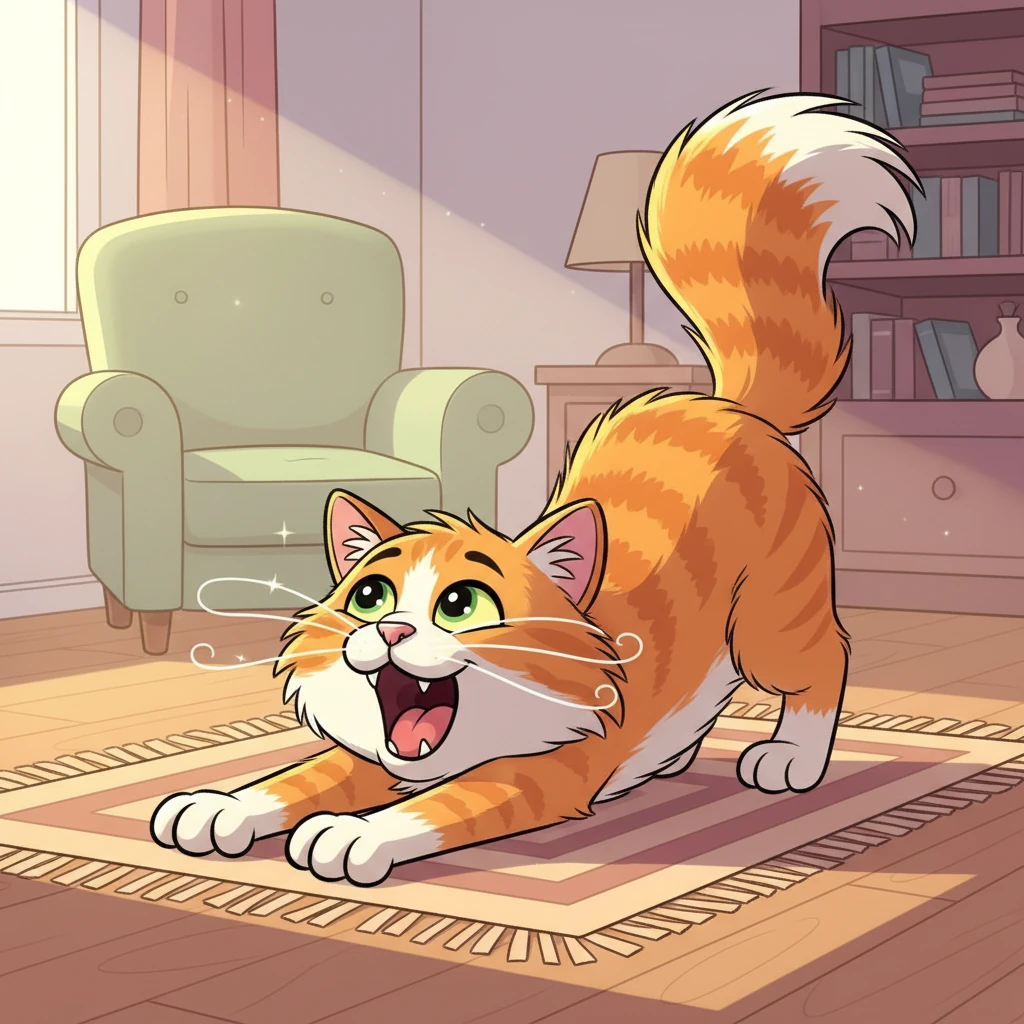 Whiskers, a fluffy orange cat with bright green eyes, stretched luxuriously in a warm sunbeam on the living room rug. Her tail swished happily as she yawned a big, sleepy yawn, ready for a brand new day of fun and discovery. The morning light made her whiskers sparkle and her fur glow.