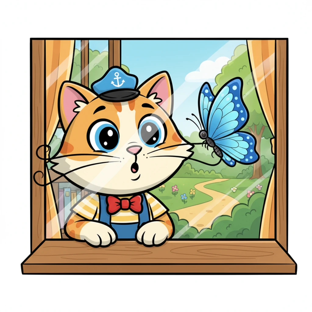 Peeking out the window, Whiskers' eyes grew wide as she spotted a magnificent blue butterfly fluttering past the glass. Its wings danced in the sunlight, beckoning her to come outside and play. The world beyond the window pane looked so inviting and full of secrets.
