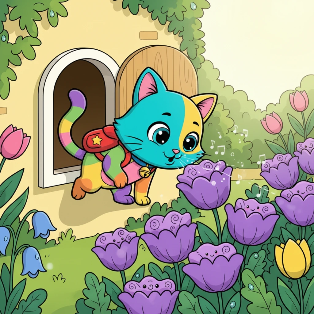 With a gentle nudge of the cat flap, Whiskers ventured into the vibrant garden, her tail held high. She tiptoed through a patch of fragrant purple flowers, sniffing each bloom with careful curiosity. Every leaf and petal seemed to whisper a tiny secret just for her.