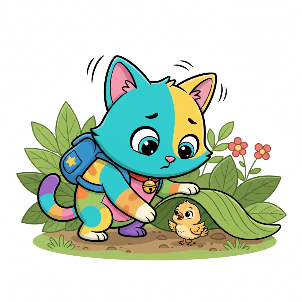 Suddenly, Whiskers' ears perked up. Hidden beneath a broad hosta leaf, she discovered a tiny, fluffy baby bird, no bigger than her paw, chirping softly. It looked lost and a little wobbly, its small wings not quite ready for flight.