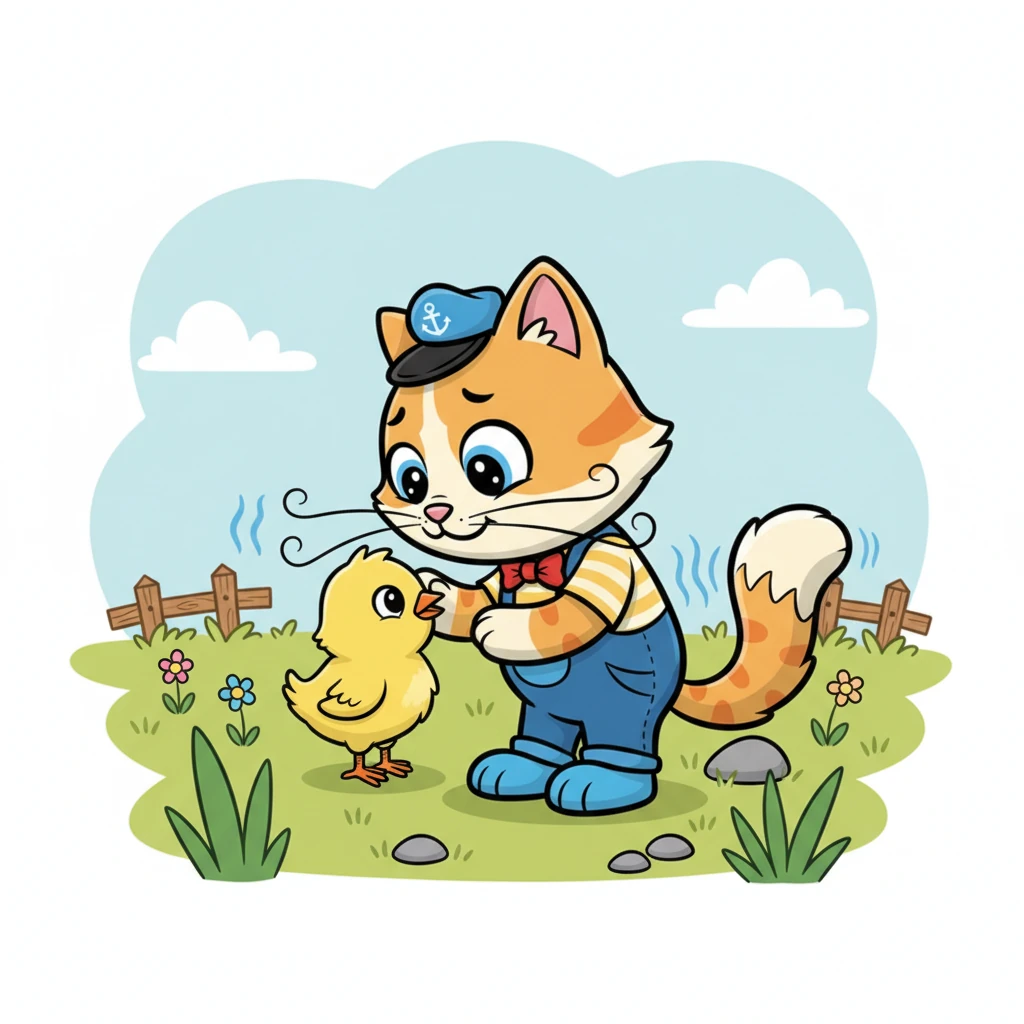 Instead of pouncing, Whiskers tilted her head, her expressive face filled with concern. She gently nudged the little chick with her nose, making soft, comforting purring sounds. She knew this little creature needed help, not a chase.