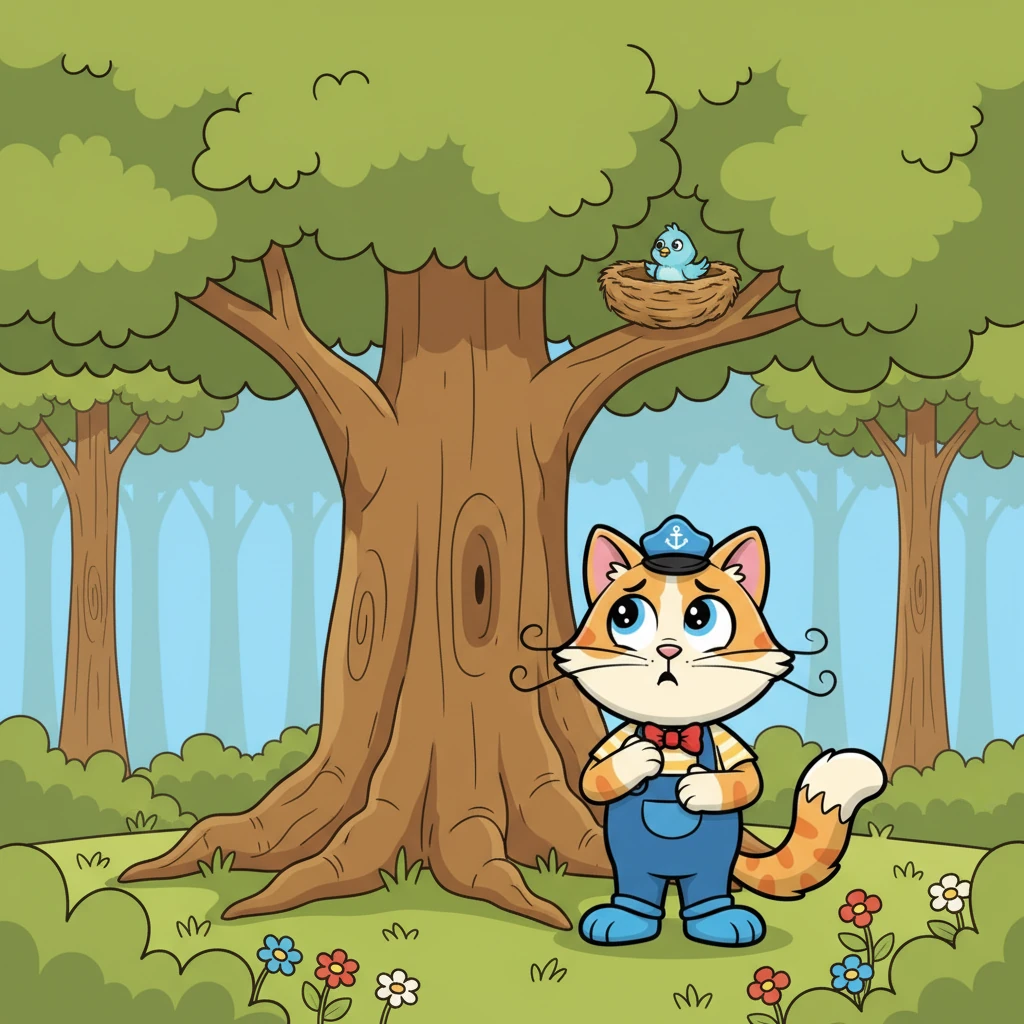 Whiskers looked up into the tall oak tree above, spotting a cozy nest tucked safely among the leaves. She understood immediately – the little bird had fallen from its home. Her heart felt a little pang of worry for the tiny lost chick.