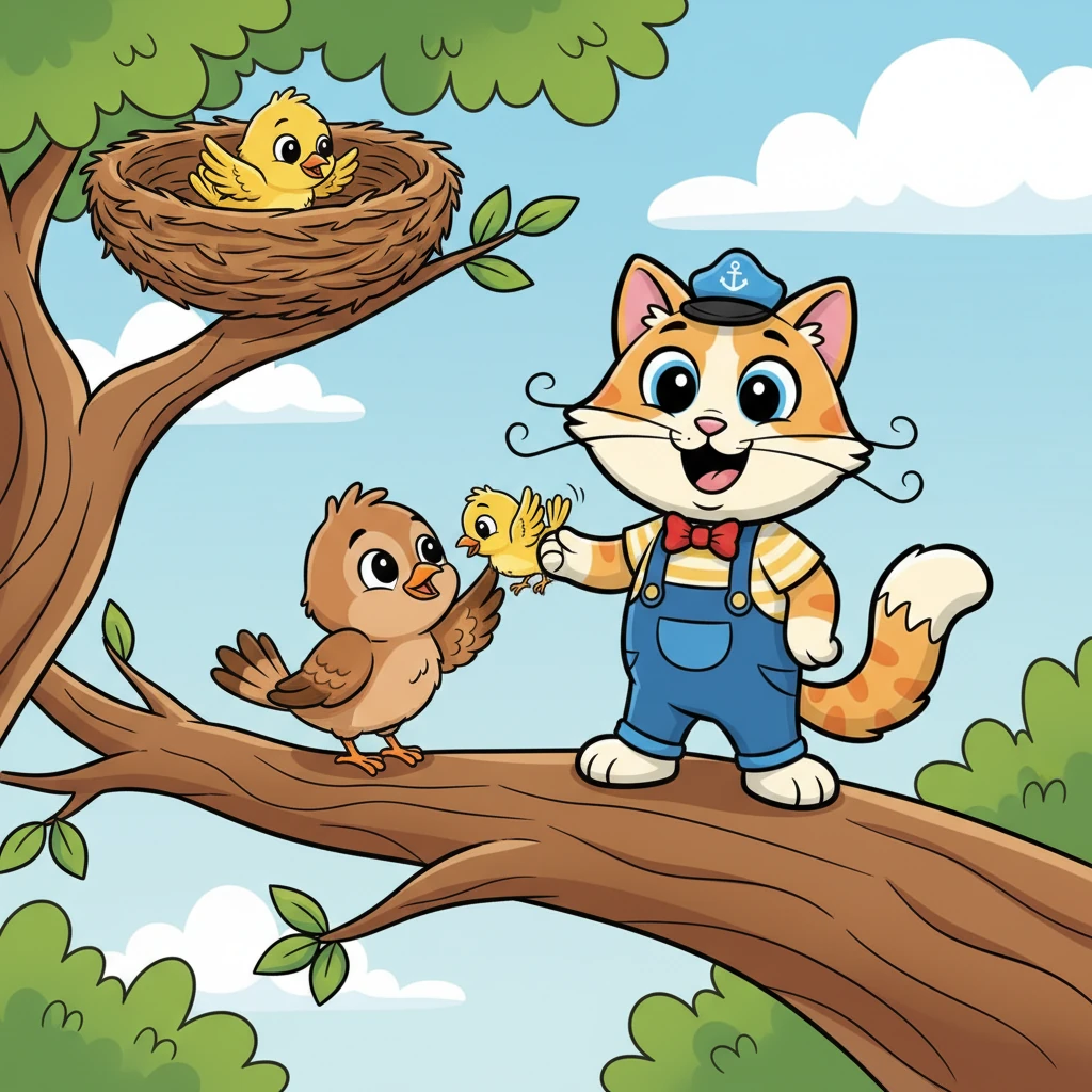 Just then, a flash of brown feathers swooped down! The parent bird, chirping with relief, landed near its baby. Whiskers watched proudly as the grateful parent gently guided the little chick back up to its warm nest, safe once more.