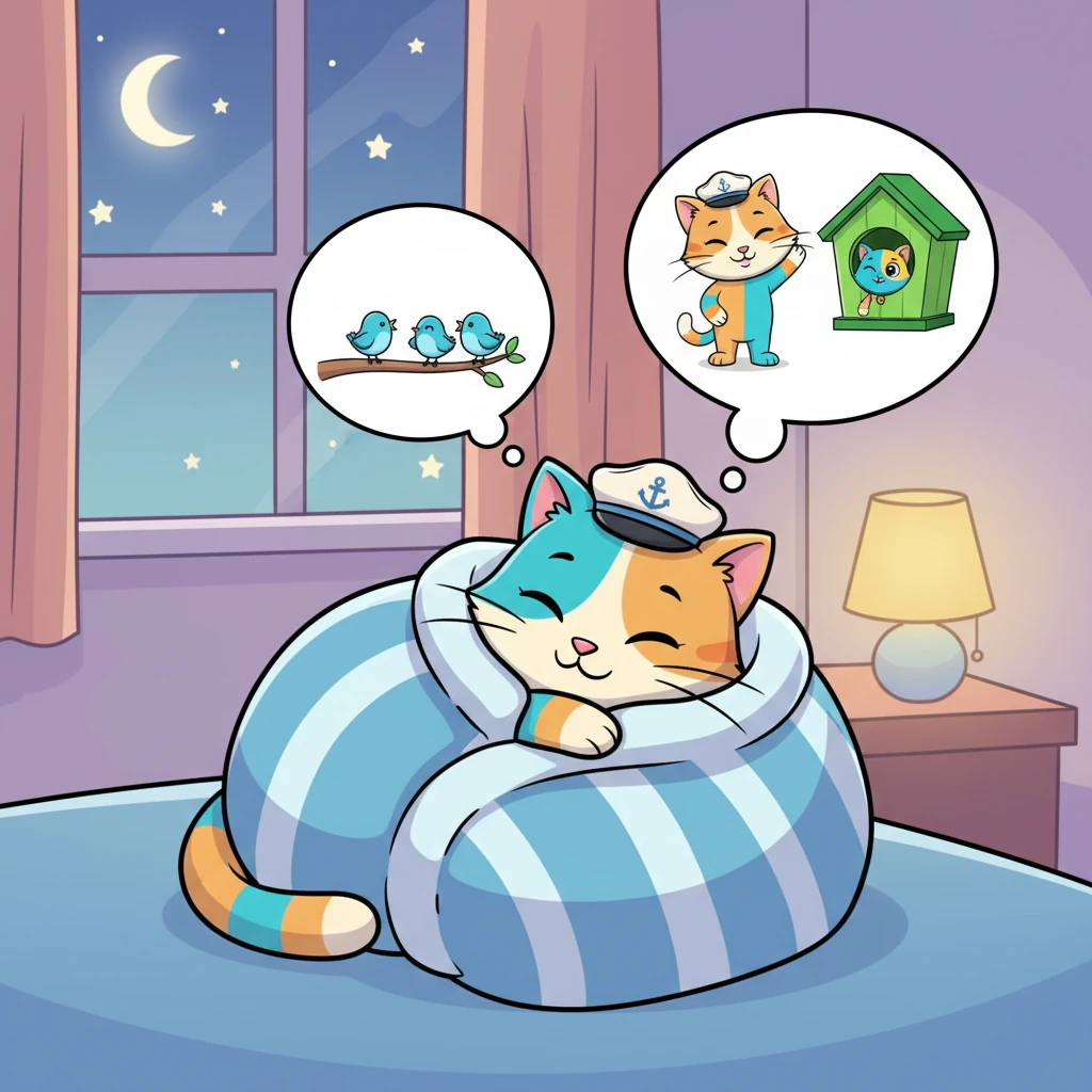 Later that evening, curled up in her favorite blanket, Whiskers dreamt of her garden adventure. A soft smile played on her face as she remembered the happy chirps of the reunited bird family, knowing she had made a difference with her kind heart.