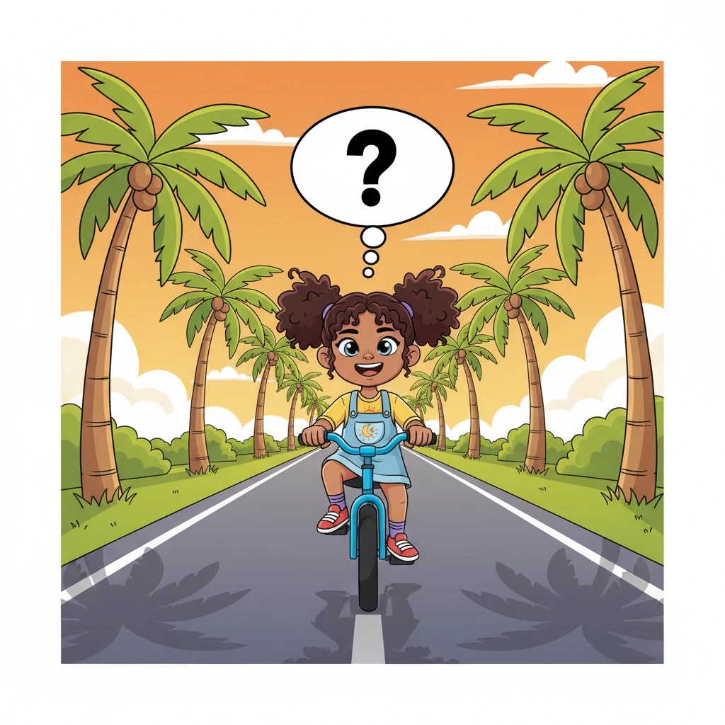 Rashmika, a bright-eyed girl with a cheerful smile, pedals her bicycle down a sunny road lined with tall, swaying coconut trees in Kanniyakumari. Her pigtails bounce as she looks at the long, thin shadows stretching far ahead of her. A thought bubble above her head shows a question mark, highlighting her puzzled expression.