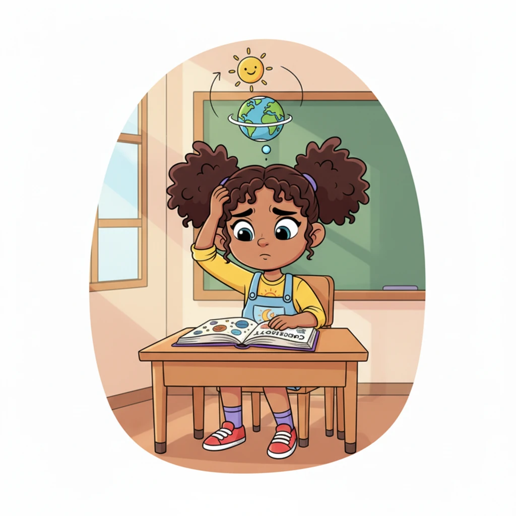 Rashmika sits at her school desk, a colorful science book titled Curiosity open before her. She has a thoughtful, slightly confused expression, scratching her head as a tiny sun seems to move across the sky in her mind's eye, while a little Earth spins below it.
