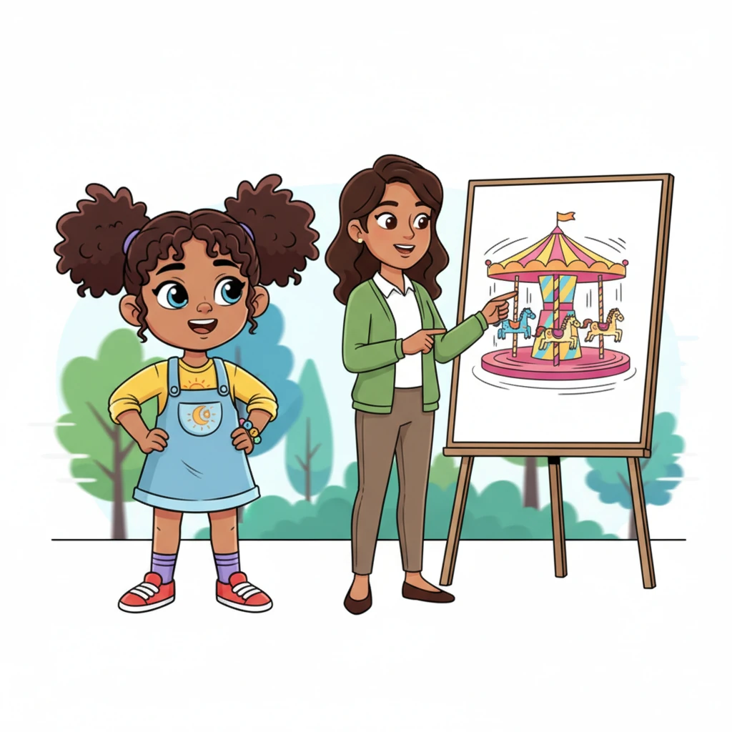 Her kind teacher, with an encouraging smile, stands beside a vibrant, spinning merry-go-round illustration on the whiteboard. Rashmika, with wide, understanding eyes, nods vigorously, imagining herself on the ride as the background trees blur past.