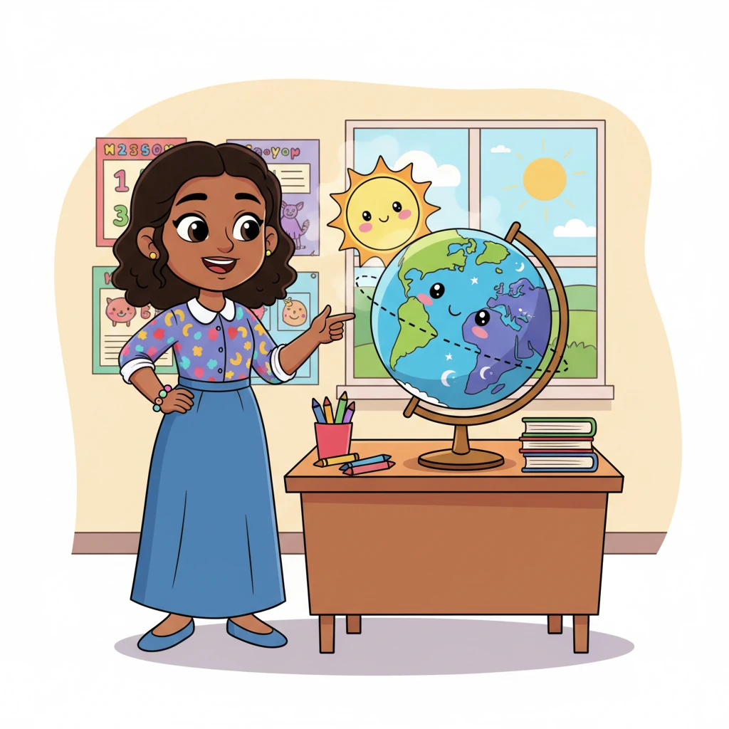 The teacher points to a large, friendly-looking globe on her desk, which is playfully spinning from west to east. A dotted line representing the axis runs through it, and half of the globe is brightly lit by a beaming sun, illustrating the cycle of day and night.