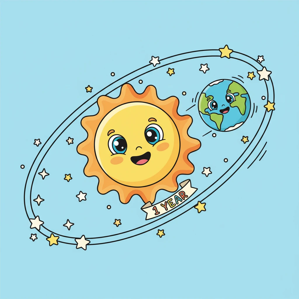 A whimsical diagram on the classroom wall shows a happy Earth character gracefully revolving in a wide, nearly-circular path around a smiling Sun. The path is marked with a "1 Year" label, and tiny stars twinkle around the orbit, emphasizing the Earth's long journey.