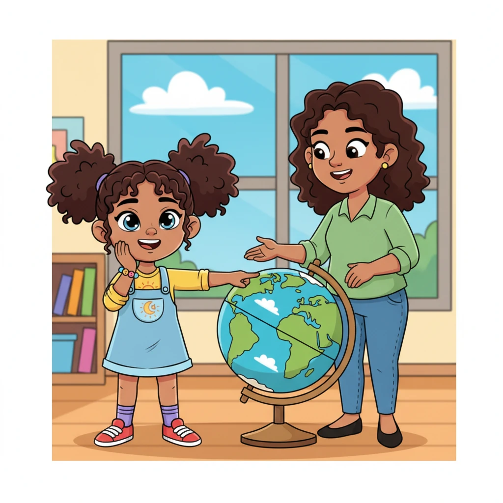 The teacher uses a simplified model of the Earth, clearly showing its axis tilted at a jaunty angle, like a slightly leaning top. Rashmika points to the tilt with a curious, excited expression, realizing this is a key discovery for understanding our world.
