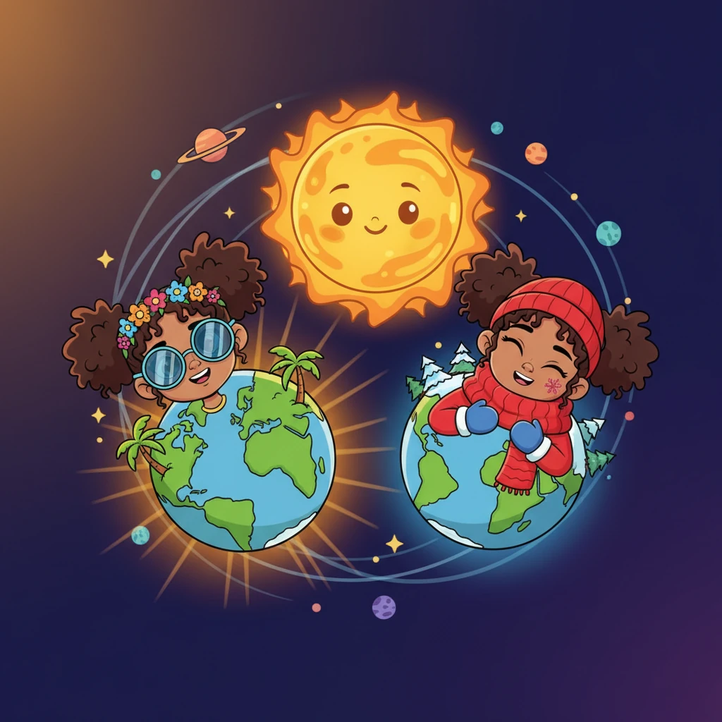 Two cheerful Earth characters are depicted: one tilted towards a warm sun for summer, wearing sunglasses, and another tilted away for winter, bundled in a scarf, both orbiting the same sun. Bright rays hit one, while softer light reaches the other, illustrating the cause of seasons.