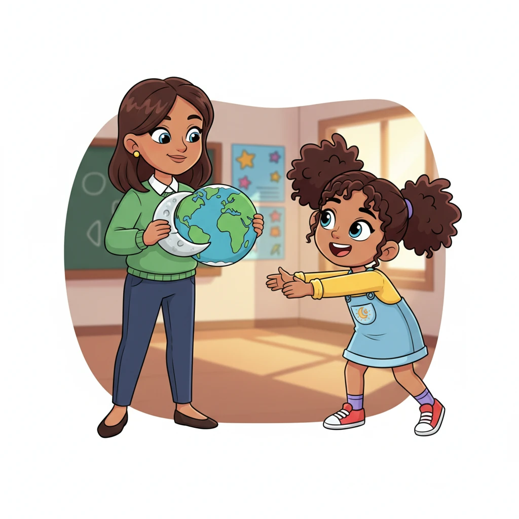 The teacher, with an air of playful mystery, holds up two cutouts – a tiny moon and a larger earth – as if starting a celestial game of "hide-and-seek." Rashmika leans forward, captivated by the idea of cosmic events unfolding in the sky.