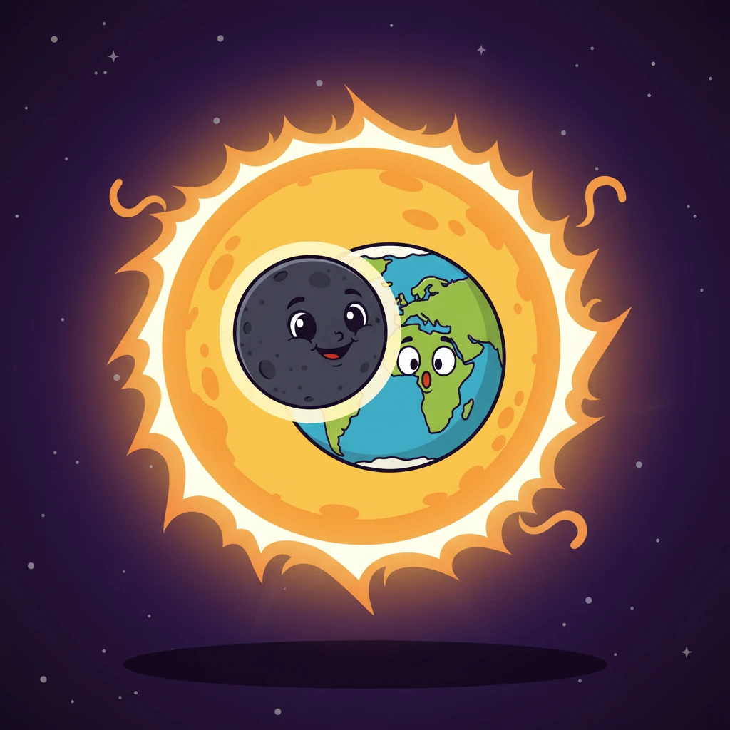 A dramatic scene unfolds: a small, dark Moon playfully slides directly in front of a huge, bright Sun, casting a circular shadow over a surprised Earth peeking from behind. The Sun's corona glows intensely around the edges, creating a breathtaking solar eclipse.