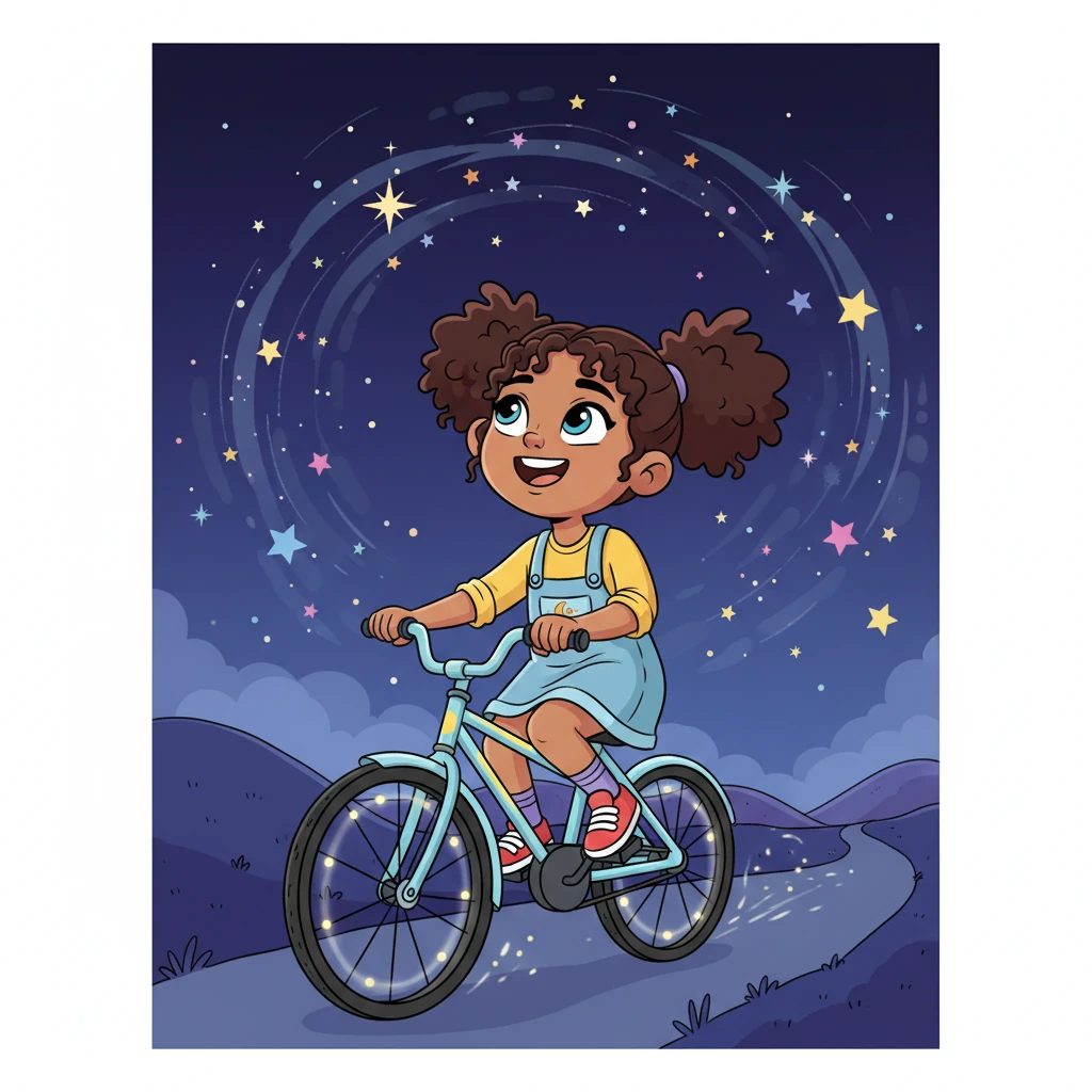 Rashmika cycles home under a sky full of sparkling stars, her face beaming with newfound understanding and wonder. She looks up, knowing the Earth is constantly spinning, making the stars appear to dance across the night sky, a beautiful reminder of her day of discovery.