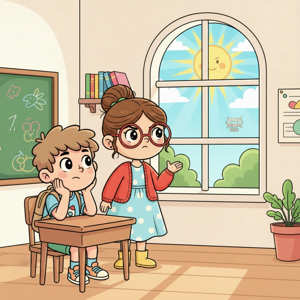 Rik zit in de klas, zijn hoofd rustend op zijn hand, dromend van verre avonturen terwijl juf Havertol aan het woord is. Buiten schijnt de zon uitnodigend. Juf Havertol kijkt streng naar hem.