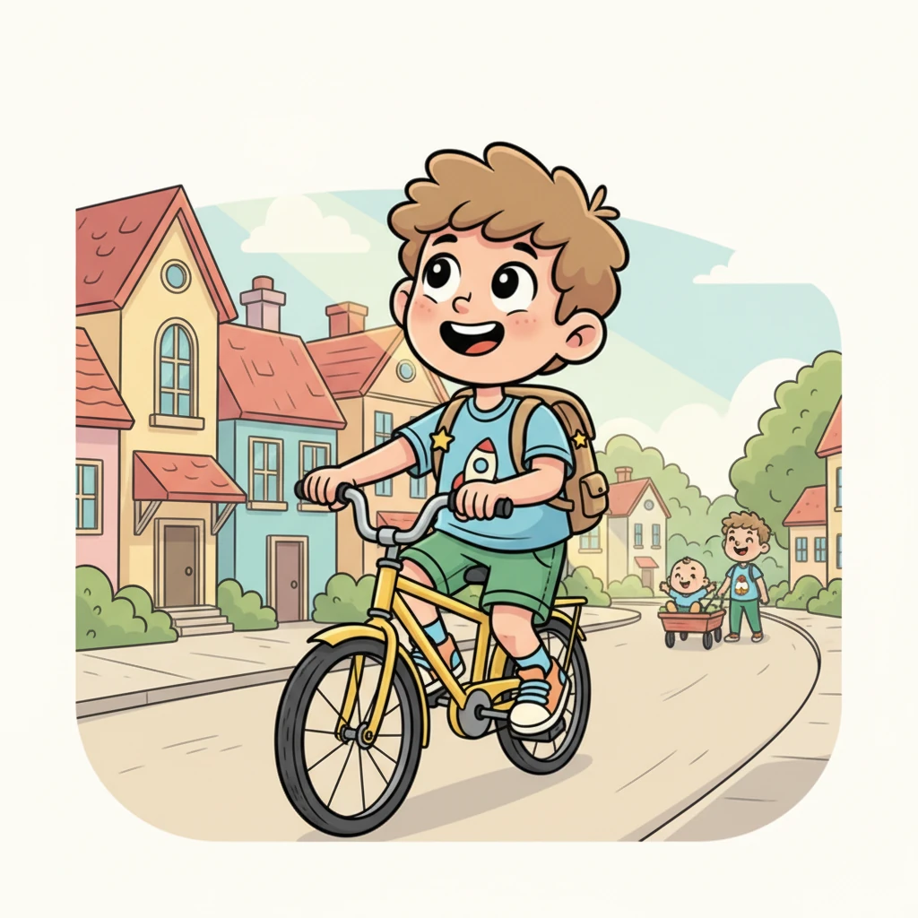 Rik fietst met een grijns op zijn gezicht door de straten naar huis, denkend aan zijn kleine broertje Lev. Hij weet dat Lev nog te klein is voor zijn grote avontuurlijke plannen.