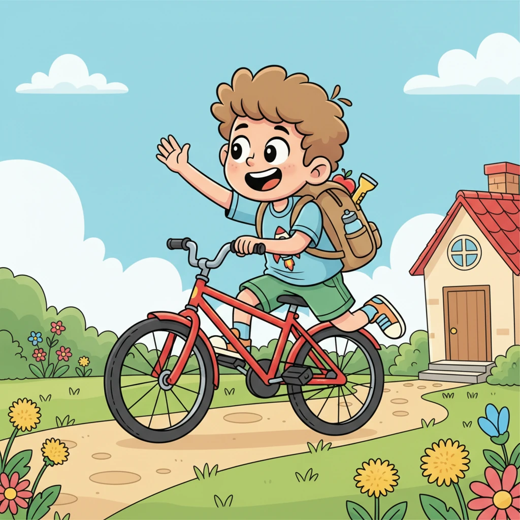 Rik springt op zijn fiets, zijn rugzak vol met water, een appel en een zaklamp. Hij zwaait snel naar zijn moeder en roept dat hij op avontuur gaat, de wind door zijn haren.