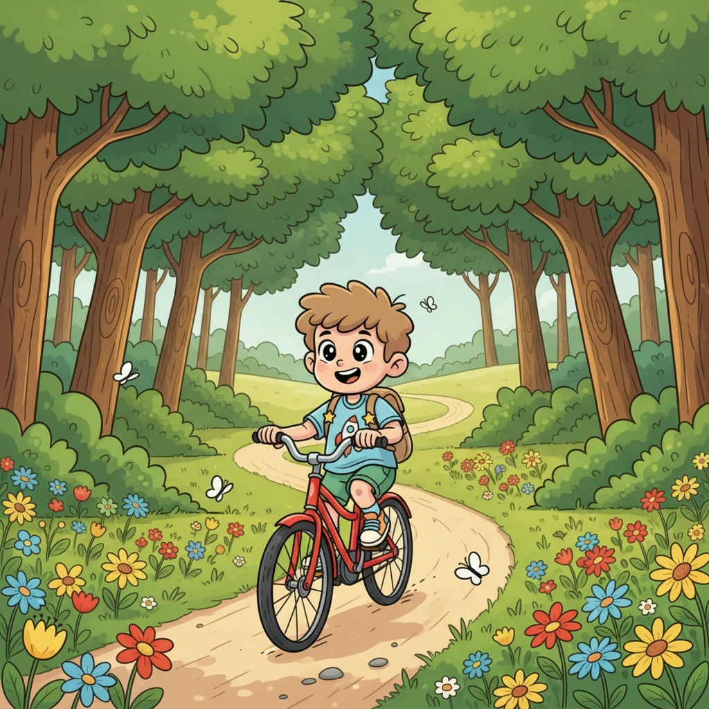 Rik trapt krachtig door de pedalen, langs groene weilanden vol wilde bloemen. Het pad slingert dieper het bos in, waar de bomen hem verwelkomen met zacht ruisende bladeren.