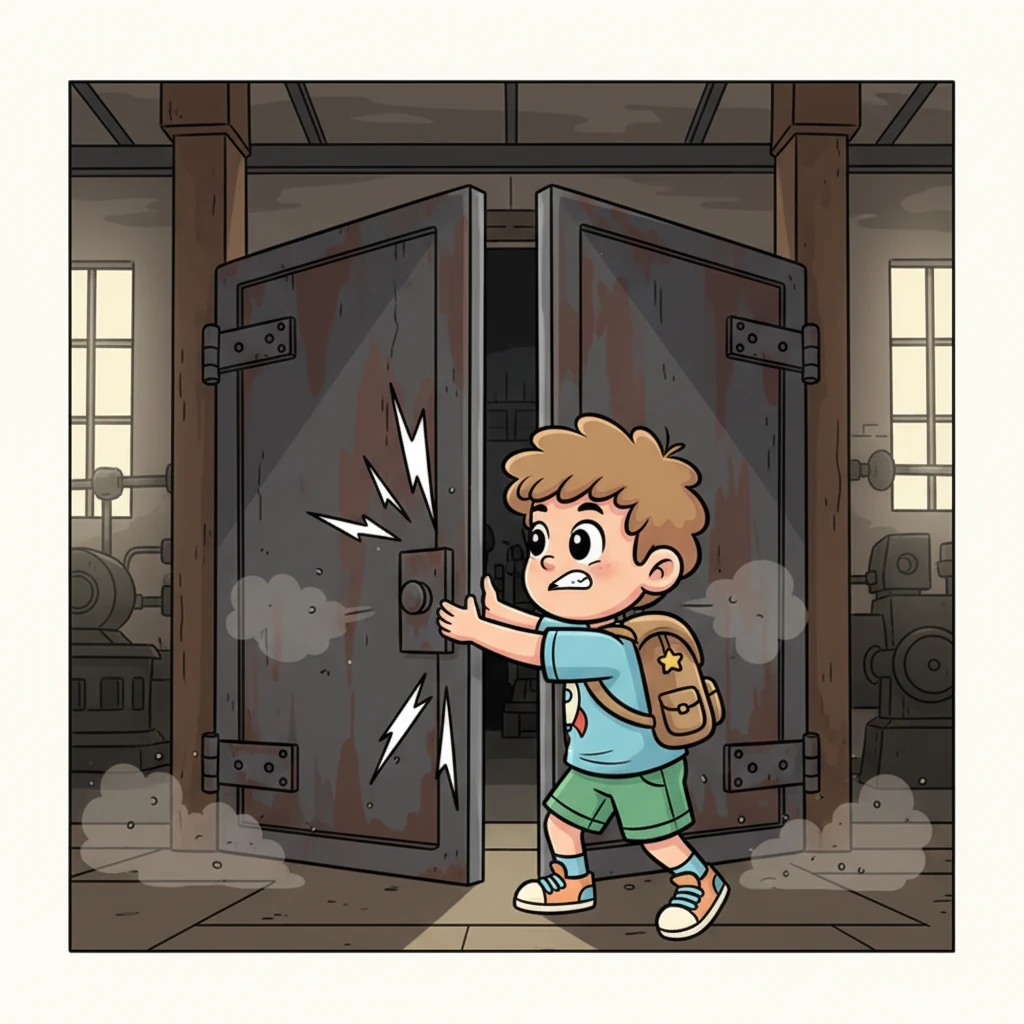 Voorzichtig duwt Rik de zware deuren open, die met een oorverdovend gekraak wijken. Een donkere opening verschijnt, vol geheimen en stof, in de anders zo stille fabriekshal.