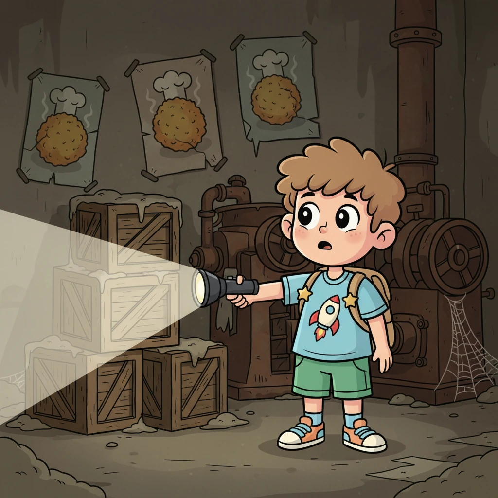 Binnenin schijnt Riks zaklamp over oude kratten en roestige machines. Verbleekte posters met dampende kroketten hangen scheef aan de muren, een vage, zoete geur hangt in de lucht.