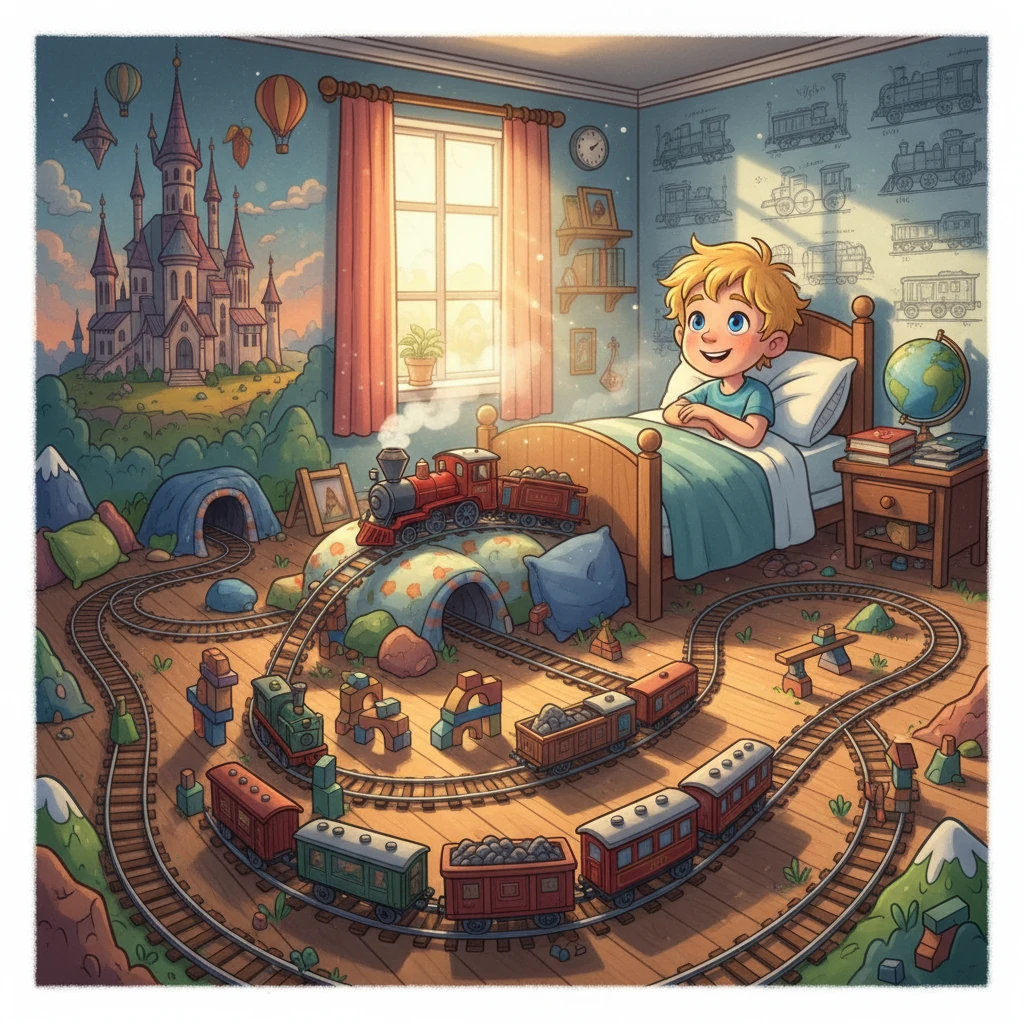 Matej, a boy with bright blue eyes and sunny blonde hair, loved trains more than anything. His room was filled with model trains, tracks snaking across his floor. Every morning, he'd wake up dreaming of faraway lands and the exciting journeys these iron horses might take him on.