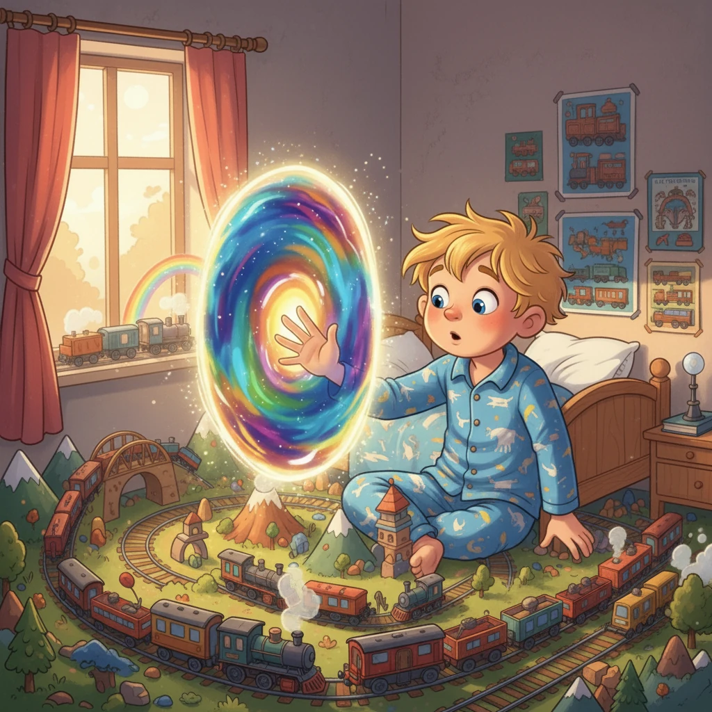 One sunny afternoon, while playing with his favorite train set, a tiny, shimmering portal appeared right in front of him. It swirled with colors, beckoning him closer. Curiosity overriding his caution, Matej reached out and touched it.