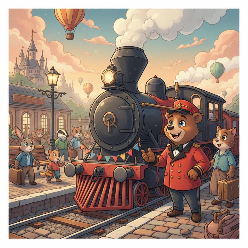 Suddenly, Matej found himself standing on a real train platform! The air buzzed with excitement, and a magnificent steam train stood before him, ready for a grand adventure. The conductor, a friendly bear wearing a smart uniform, winked at him.