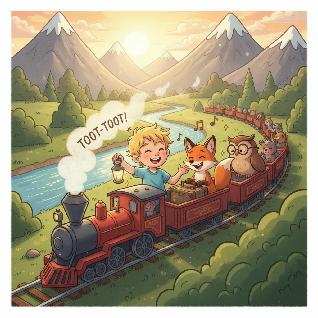 The train whistled and began to move, carrying Matej through breathtaking landscapes: rolling hills, sparkling rivers, and towering mountains. He met other passengers, including a playful fox and a wise old owl, and they shared stories and laughter.