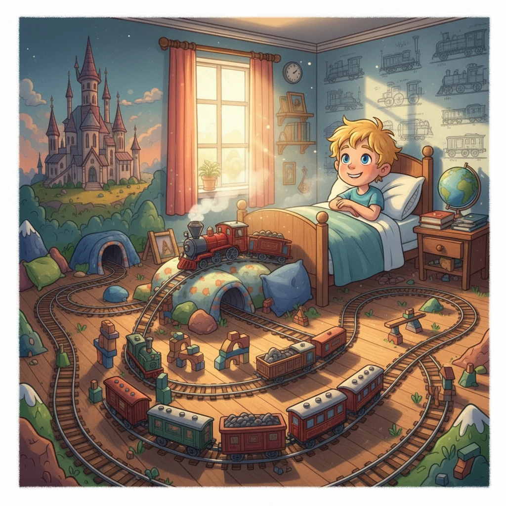 Finally, the train arrived at its destination: a station filled with balloons and smiling faces. Matej, tired but happy, waved goodbye to his friends and found himself back in his room, the portal gone. He knew this adventure would stay with him forever.