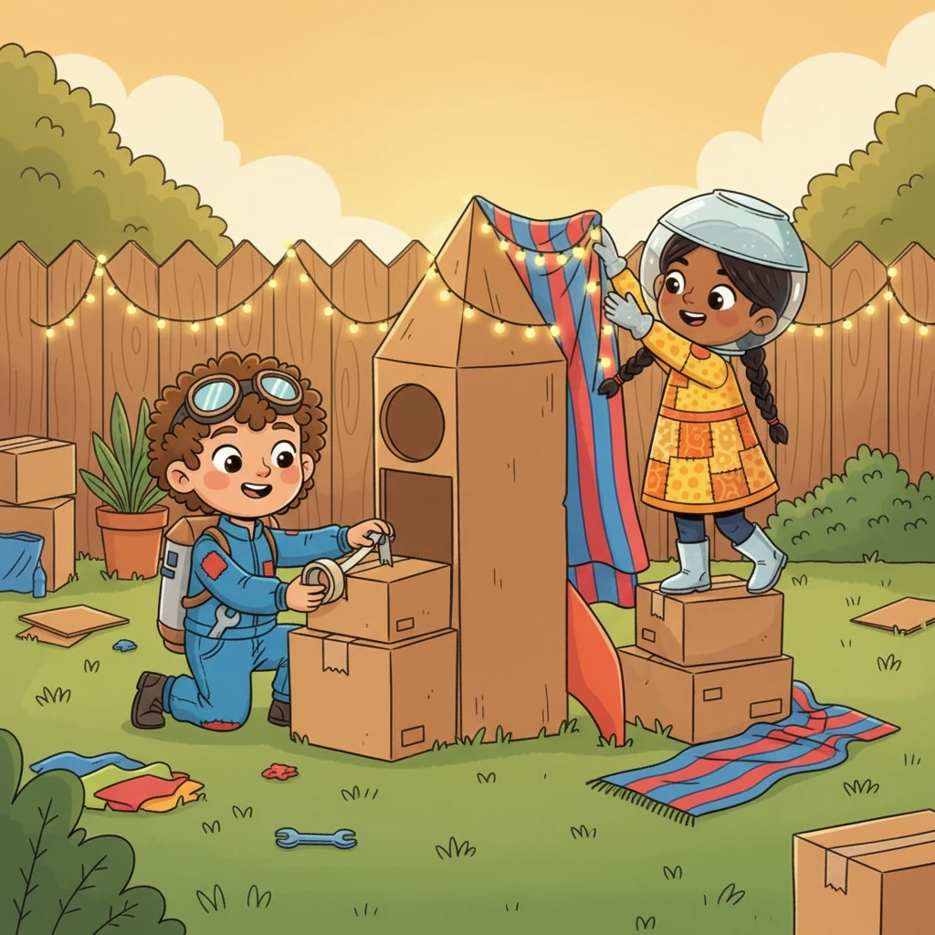 In their cozy backyard, Leo and Luna, a brother and sister duo, are busy building something truly magnificent. Cardboard boxes, colorful blankets, and twinkling fairy lights are scattered everywhere, slowly transforming into a fantastic, pointy rocket ship.