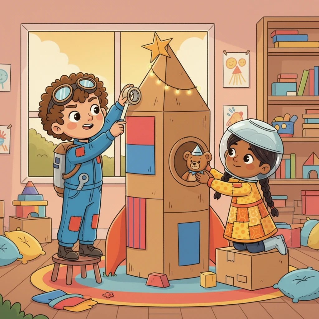 With a final flourish, Leo tapes a wobbly star to the top of their creation, while Luna carefully places a teddy bear co-pilot inside. Their homemade rocket, named 'Star-Seeker 3000', stands proudly, ready for its grand voyage.