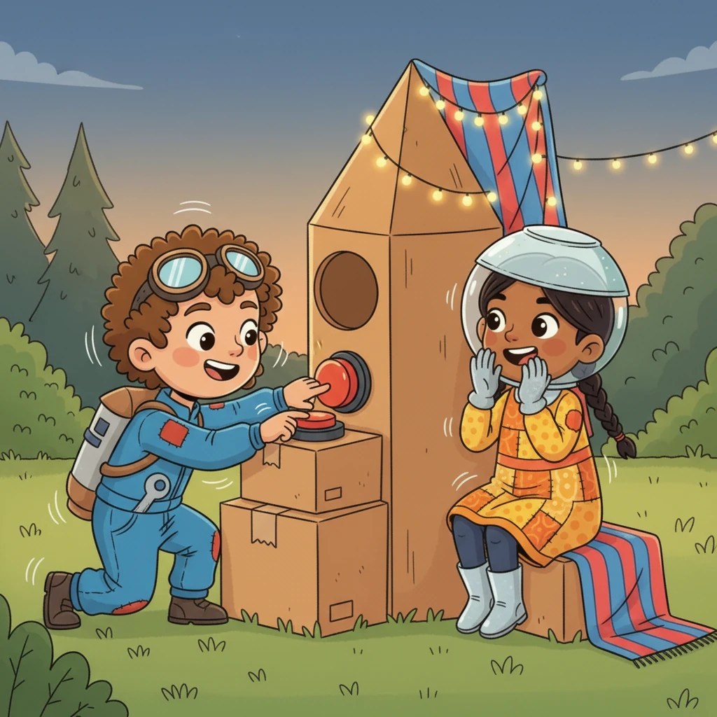 As dusk settles, they climb into their rocket, giggling with excitement. Leo presses a big red button, and Luna makes whooshing sounds as they imagine the engines roaring to life, shaking gently in their cardboard craft.
