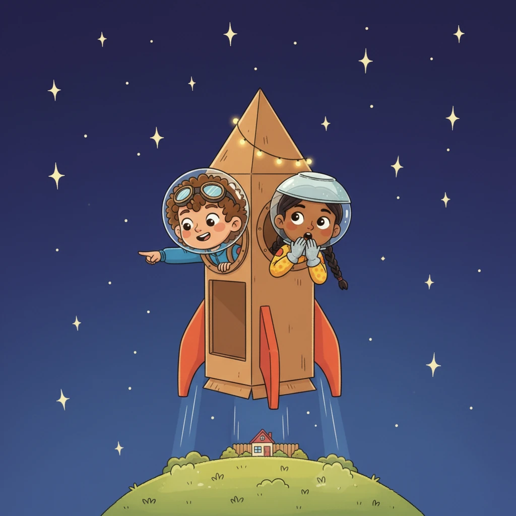 Suddenly, the stars outside their window begin to twinkle brighter, and the rocket seems to lift off the ground. They peek out, wide-eyed, as their house and garden shrink smaller and smaller below them.