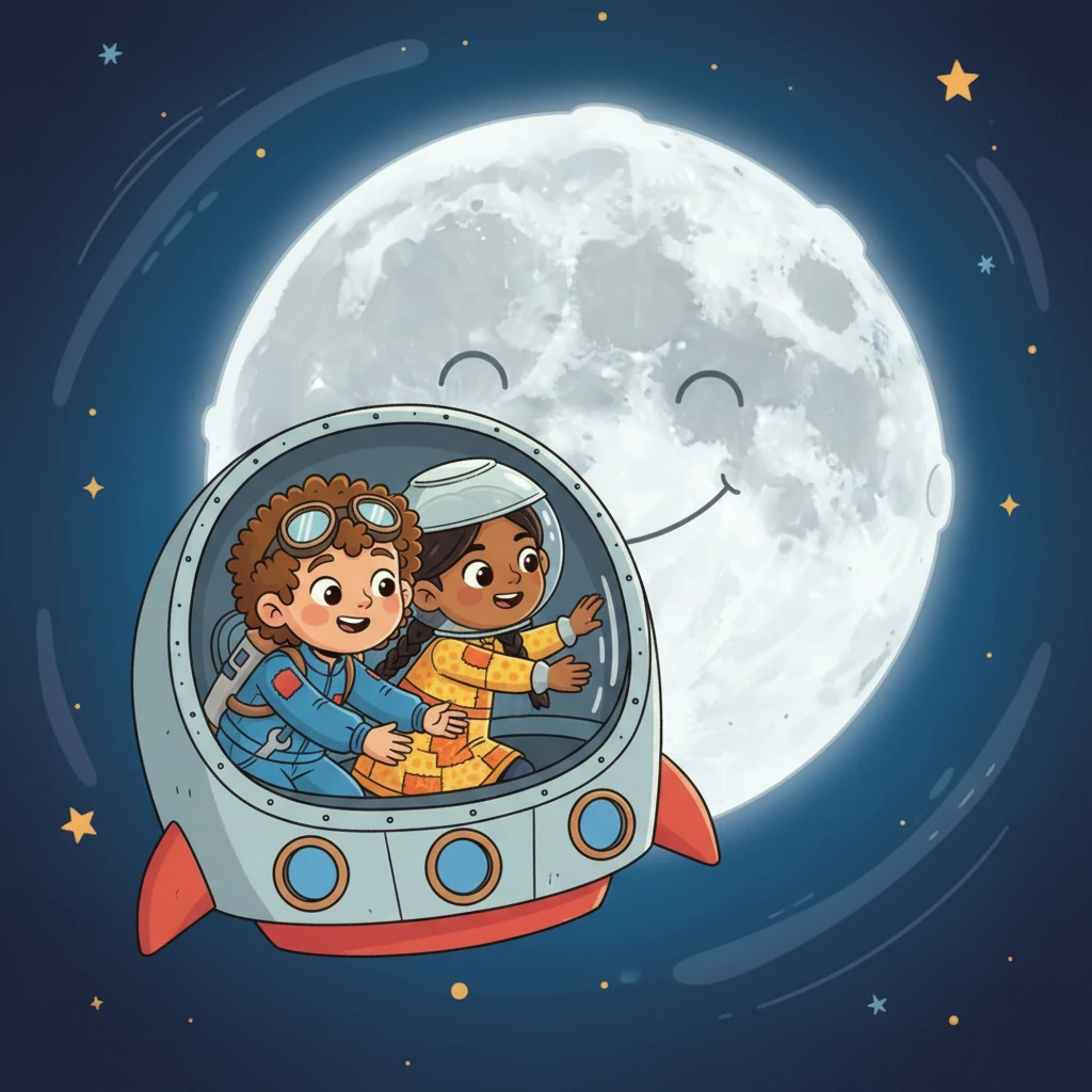 Closer and closer they get to the big, round, smiling Moon. Its craters look like friendly winks, and its surface glows a soft, inviting silver.