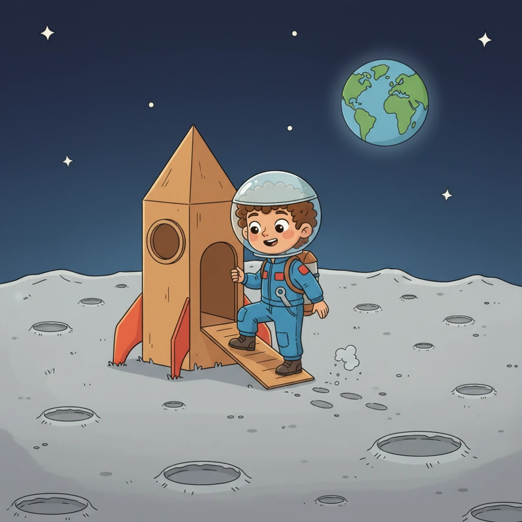 With a gentle bump, the Star-Seeker 3000 lands softly on the lunar surface. Leo and Luna, wearing their imaginary space helmets, carefully step out onto the dusty, grey ground.