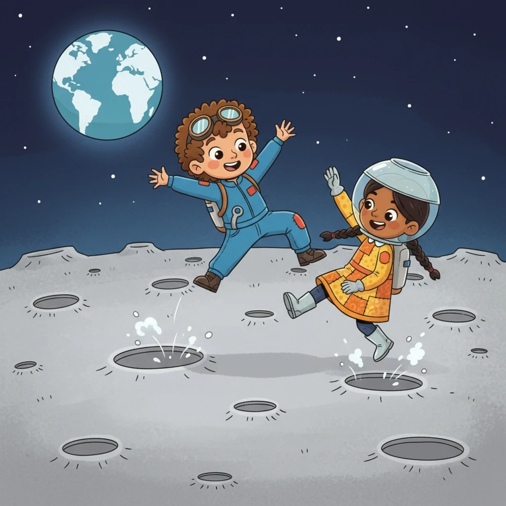 They bounce and float with every step, feeling incredibly light! They play a game of lunar leapfrog, giggling as they soar higher than ever before.
