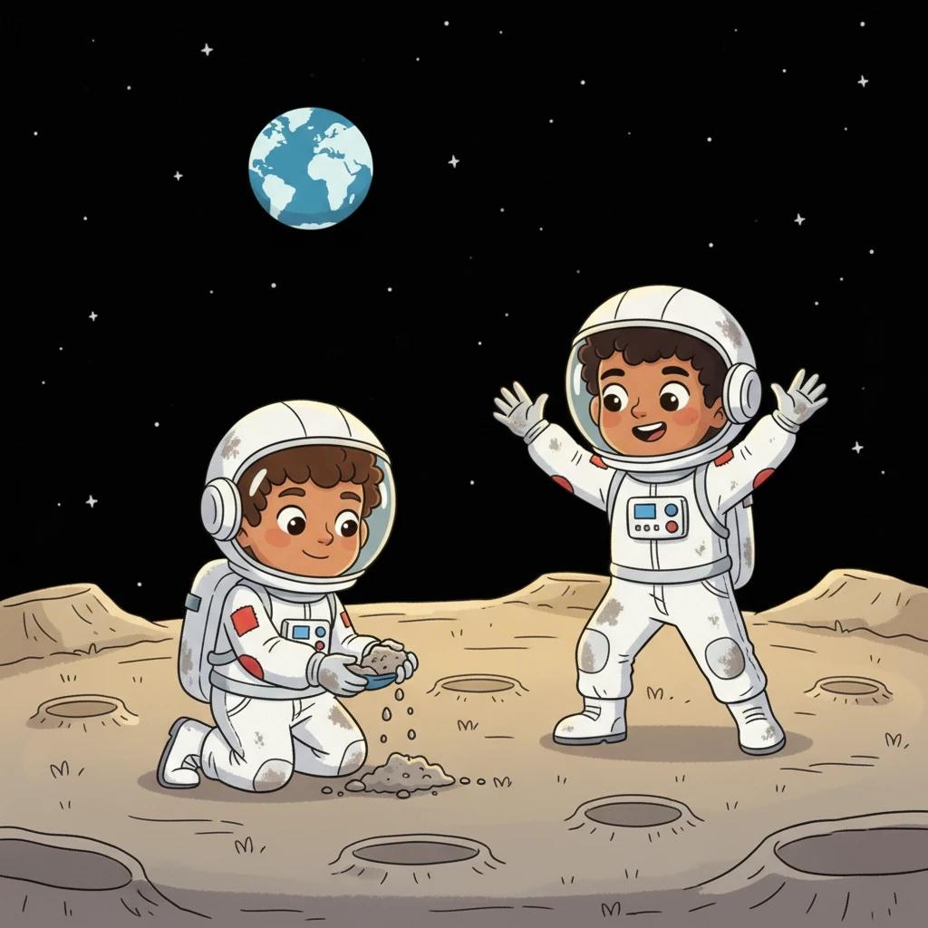 Gathering a handful of moon dust, they look back at Earth, a beautiful blue marble in the distance. They wave, knowing their family is down there, perhaps looking up at them.