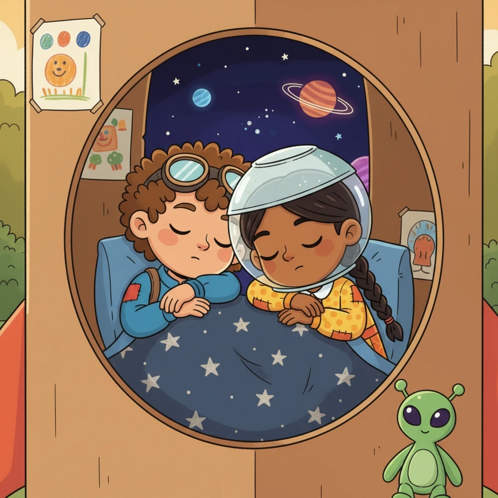 Back in their rocket, snuggled under a blanket, Leo and Luna share a sleepy smile. Their adventure to the Moon was a dream come true, proving that with imagination, anything is possible. They drift off to sleep, dreaming of their next cosmic journey.