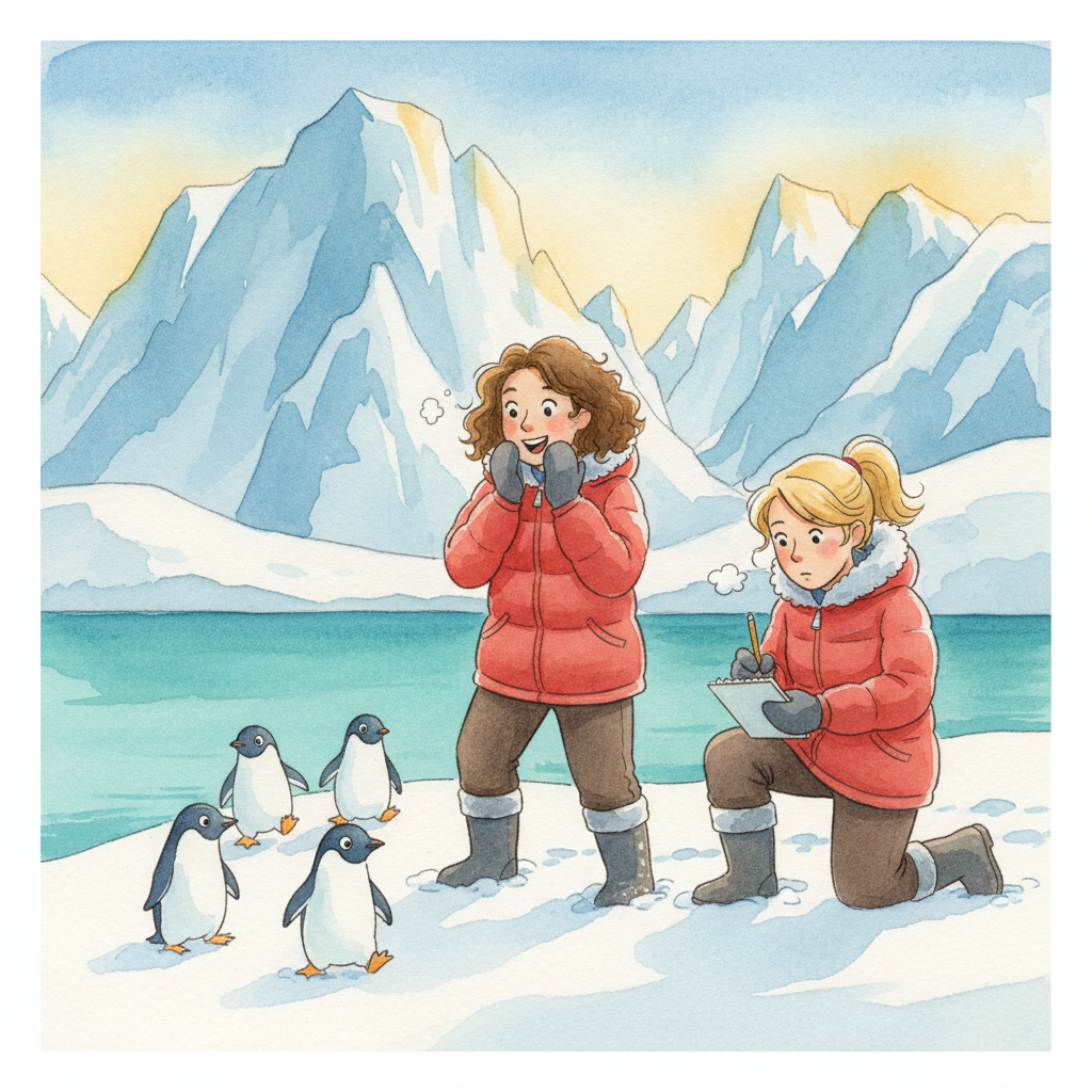 The two teachers step onto the crunching snow of the Antarctic peninsula, surrounded by towering blue-tinted glaciers that reflect the sunlight. Mrs Carlton gasps in delight as she spots their first group of Adélie penguins waddling clumsily toward the water. Miss Ryder quickly pulls out her notebook to sketch the small penguins, noting their distinctive white rings around their eyes.