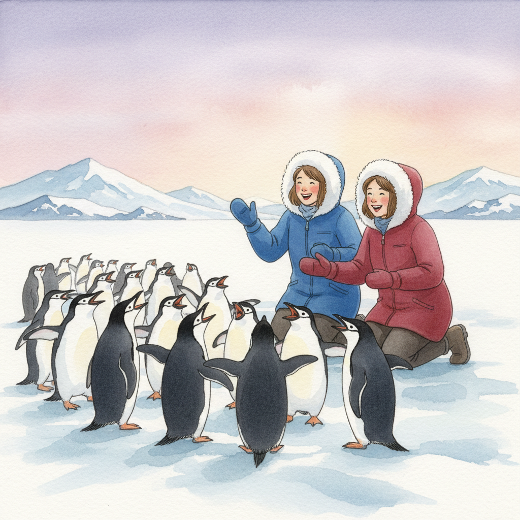 Kneeling on the ice, Miss Ryder and Mrs Carlton observe a colony of Chinstrap penguins, easily recognized by the thin black line running under their chins like a helmet strap. The teachers giggle as the penguins engage in a noisy, spirited conversation, flapping their flippers. The watercolor sky above them is painted in soft hues of lavender and pale pink as the afternoon sun hangs low.